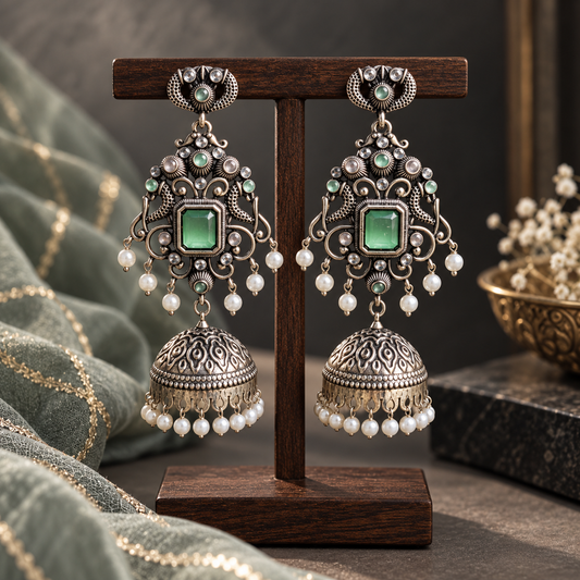 Navira Green Silver Jhumka