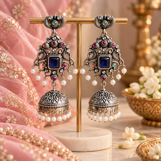 Navira Blue Silver Jhumka