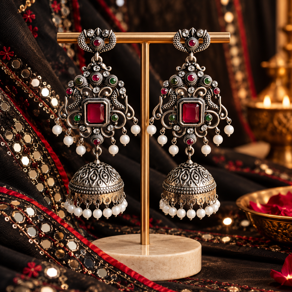 Evania Red Silver Jhumka
