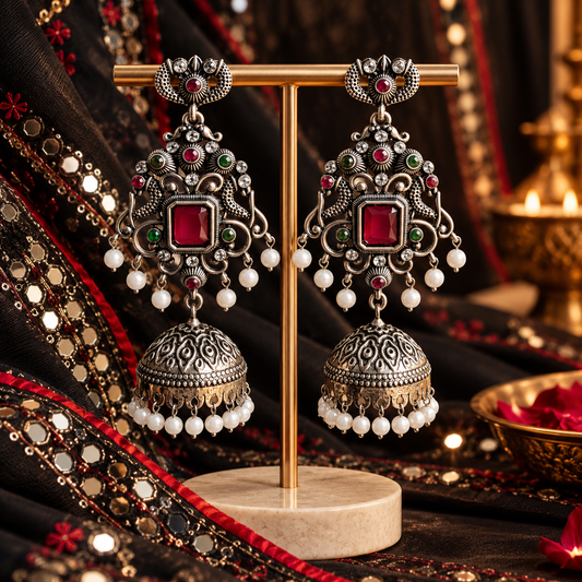 Evania Red Silver Jhumka