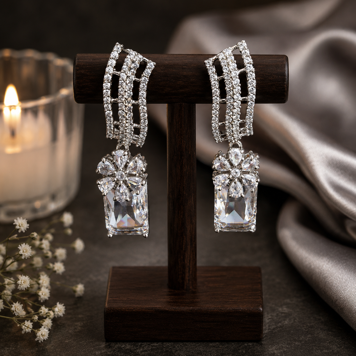 Celestia Silver Long Drop Earrings