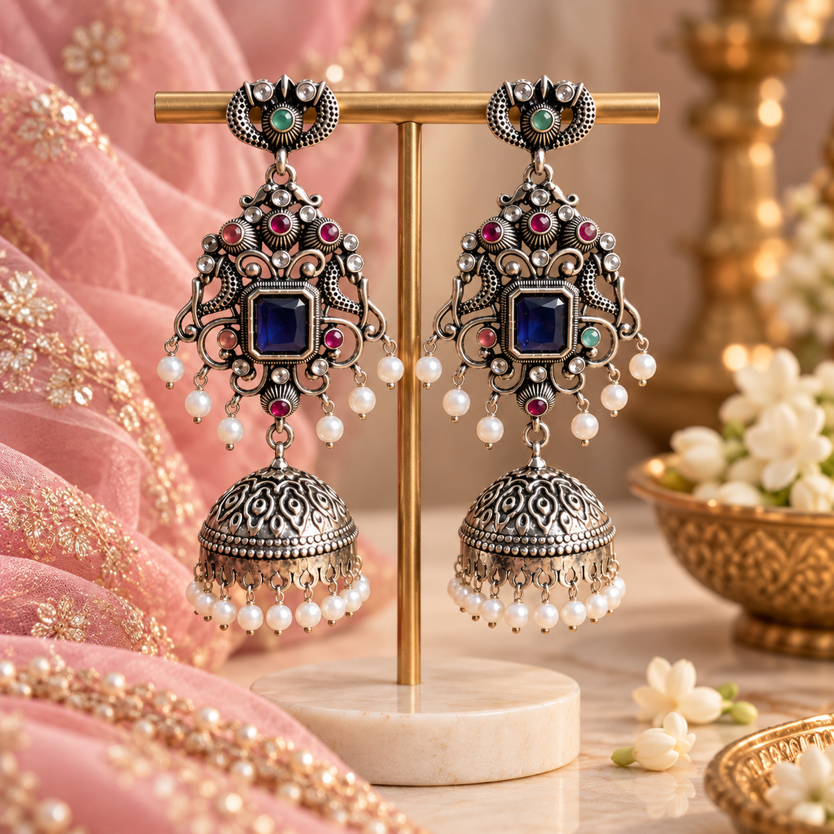 Navira Blue Silver Jhumka