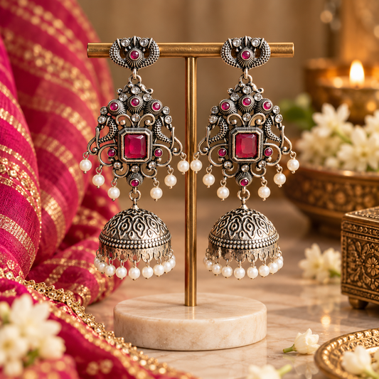 Navira Red Silver Jhumka